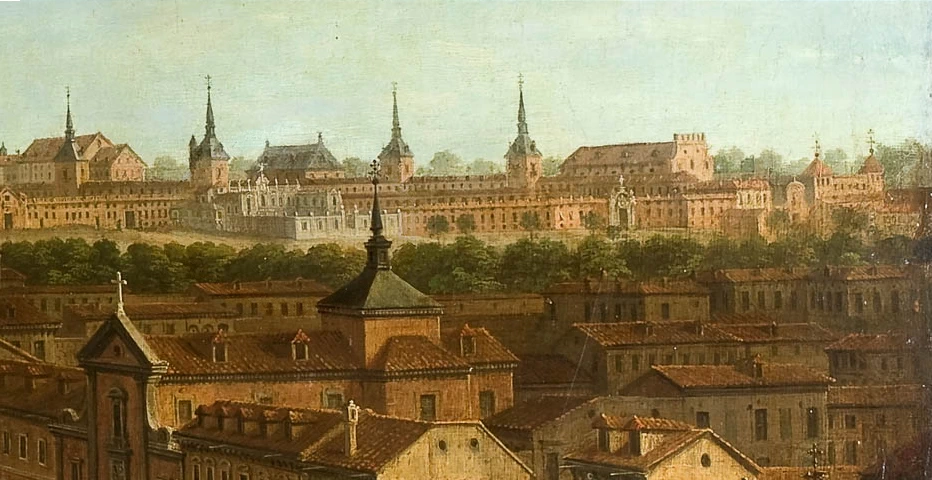 Particolare della facciata del Palazzo del Buen Retiro nel dipinto Veduta di via Alcalá
